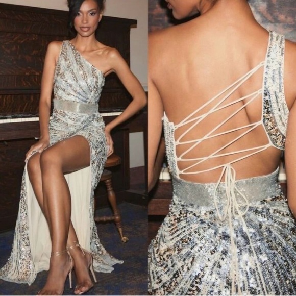 MAC DUGGALSilver Sequined One Shoulder Draped Lace Up Gown size 8 NWT